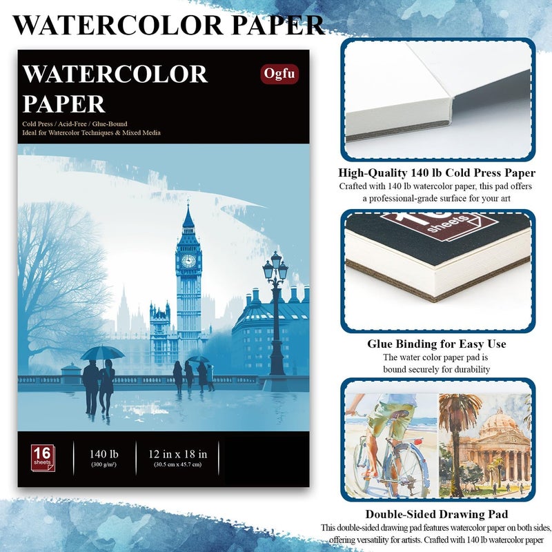 Ogfu Large Water Color Paper, 12x18 Watercolor Paper Pad 140 lb, 16 Sheets(32 Pages) Cold Press Mixed Media Paper, Watercolor Supplies for Adults & Gifts for Artists. - Image 4